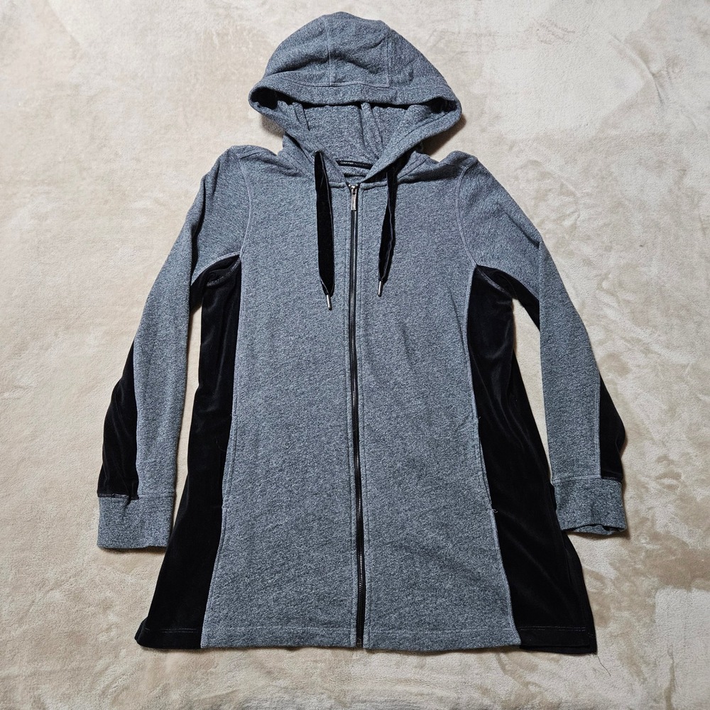 Calvin Klein Performance Womens Gray Black Velvet Trim Longline Zip Hoodie Large